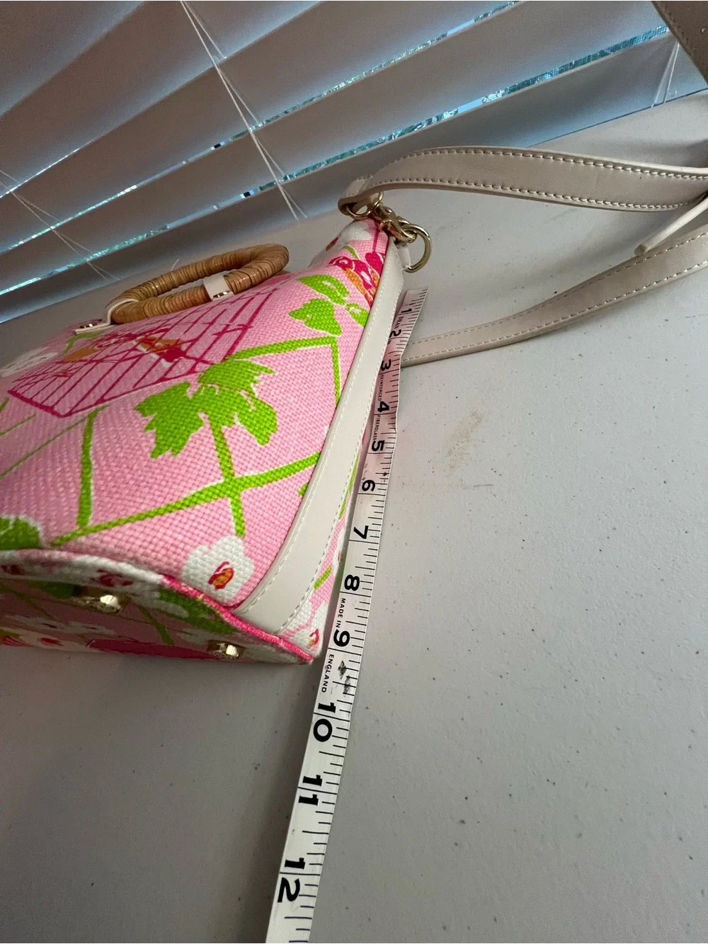 Pink Floral Canvas Tote with Rattan Ring Handles by Spartina 449 New